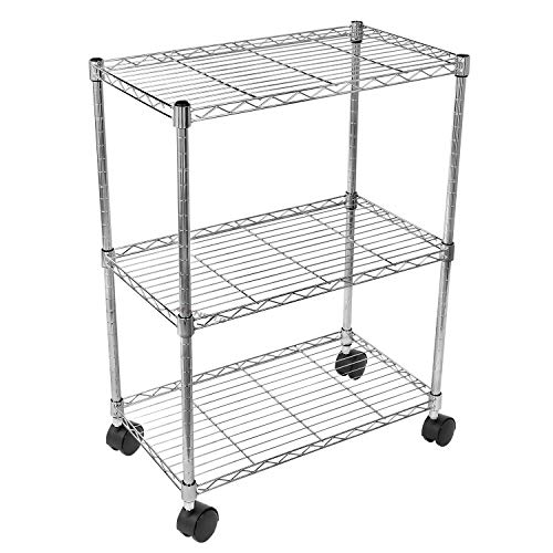 Simple Deluxe Heavy Duty 3-Shelf Shelving with Wheels, Adjustable Storage Units, Steel Organizer Wire Rack, Plug Version, 24.02”L x 13.78“W x 31.89”H, Chrome