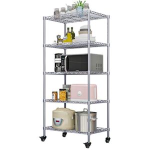 suoernuo 5-shelf shelving storage unit on wheel casters metal organizer wire rack for home office kitchen bathroom organization 30lx14wx62.5h (5-shelf silver)