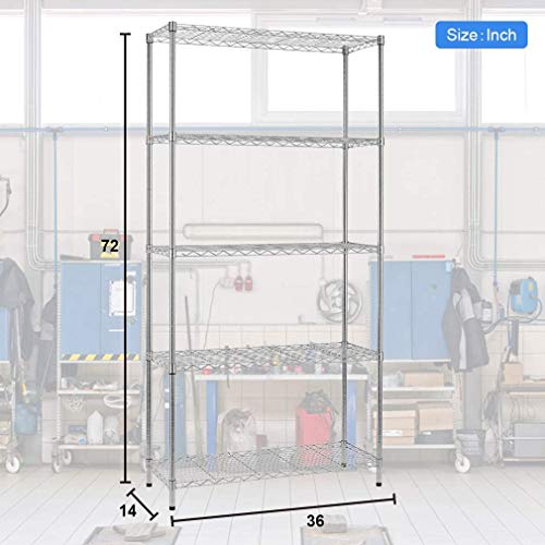 1250 LBS Chrome 5 Tier Shelf Wire Shelving Unit - 14"x36"x72", NSF Metal Heavy Duty Large Storage Shelves Height Adjustable Utility for Garage Kitchen Office Commercial Shelving Steel Layer Shelf