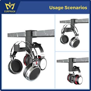 PC Gaming Headphone Stand,Dual Headset Hanger Hook Holder with Adjustable & Rotating Arm Clamp,Under Desk Design,Universal Fit,Built in Cable Clip Organizer EURPMASK