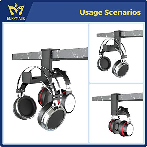 PC Gaming Headphone Stand,Dual Headset Hanger Hook Holder with Adjustable & Rotating Arm Clamp,Under Desk Design,Universal Fit,Built in Cable Clip Organizer EURPMASK