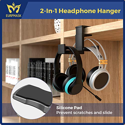 PC Gaming Headphone Stand,Dual Headset Hanger Hook Holder with Adjustable & Rotating Arm Clamp,Under Desk Design,Universal Fit,Built in Cable Clip Organizer EURPMASK