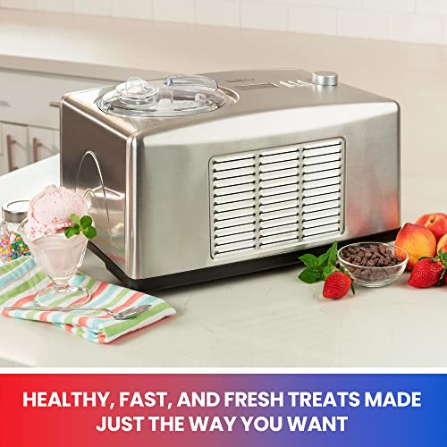 Total Chef 2-in-1 Automatic Ice Cream and Yogurt Maker, 1.6 qt (1.5L), Stainless Steel, Built-In Compressor, Fresh Homemade Frozen Yogurt, Sorbet, Gelato in 1 Hour, No Salt or Pre-Freezing, Silver