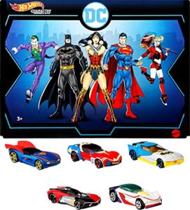 hot wheels dc toy character car 5-pack in 1:64 scale: superman, batman, wonder woman, the joker gt & harley quinn