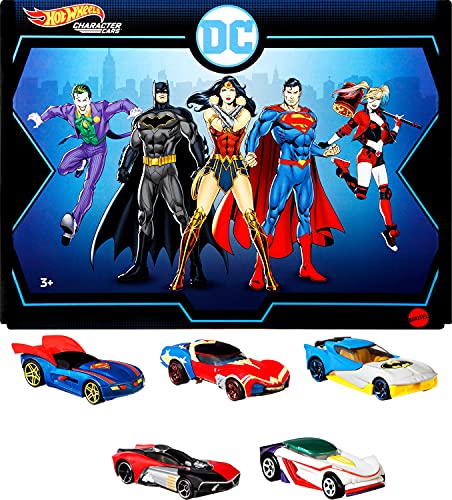 Hot Wheels Dc Toy Character Car 5-Pack in 1:64 Scale: Superman, Batman, Wonder Woman, the Joker Gt & Harley Quinn