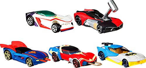 Hot Wheels Dc Toy Character Car 5-Pack in 1:64 Scale: Superman, Batman, Wonder Woman, the Joker Gt & Harley Quinn