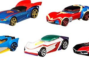 Hot Wheels Dc Toy Character Car 5-Pack in 1:64 Scale: Superman, Batman, Wonder Woman, the Joker Gt & Harley Quinn