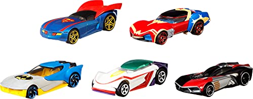 Hot Wheels Dc Toy Character Car 5-Pack in 1:64 Scale: Superman, Batman, Wonder Woman, the Joker Gt & Harley Quinn