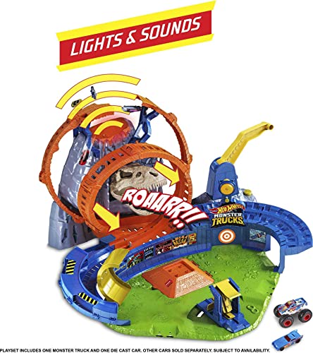 Hot Wheels Monster Trucks T-Rex Volcano Playset with 1:64 Scale Race Ace Toy Truck & 1 Toy Car, Track Set with Dinosaur Nemesis