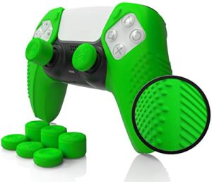 foamy lizard sensepro dock compatible ps5 controller | soft flat anti-slip studded silicone gel grip cover for playstation 5 dualsense, rubber protector plus 8 raised thumb grip caps (green)