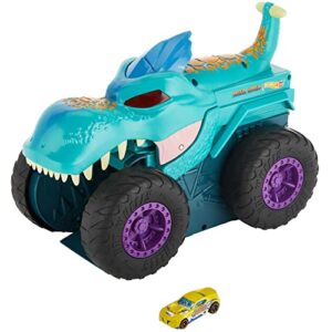 hot wheels monster trucks car chompin' mega-wrex, large toy monster truck & 1:64 scale toy car, "eats" & "poops" 1:64 scale vehicles