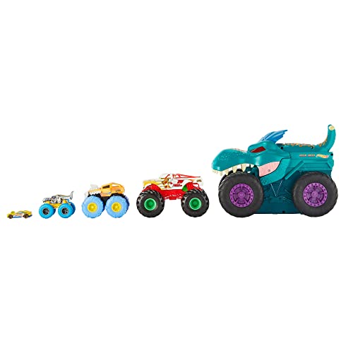 Hot Wheels Monster Trucks Car Chompin' MEGA-Wrex, Large Toy Monster Truck & 1:64 Scale Toy Car, "Eats" & "Poops" 1:64 Scale Vehicles