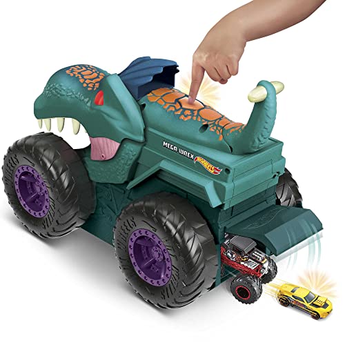 Hot Wheels Monster Trucks Car Chompin' MEGA-Wrex, Large Toy Monster Truck & 1:64 Scale Toy Car, "Eats" & "Poops" 1:64 Scale Vehicles