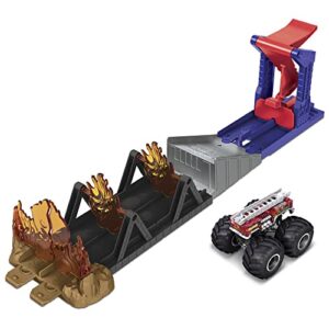 hot wheels monster trucks fire through playset with 1:64 scale die-cast 5-alarm toy truck, launcher & spinning flames