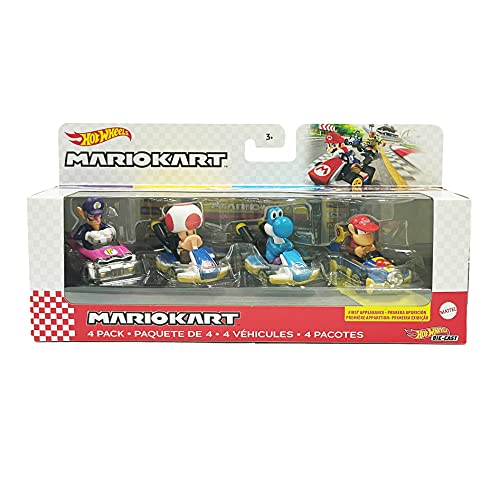 Hot Wheels Mario Kart Vehicle 4-Pack, Set of 4 Fan-Favorite Characters Includes 1 Exclusive Model, Collectible Gift for Kids & Fans Ages 3 Years Old & Up