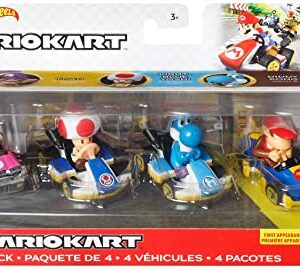 Hot Wheels Mario Kart Vehicle 4-Pack, Set of 4 Fan-Favorite Characters Includes 1 Exclusive Model, Collectible Gift for Kids & Fans Ages 3 Years Old & Up