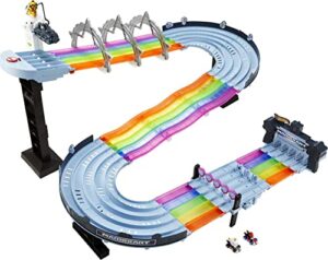 hot wheels mario kart rainbow road raceway 8-foot track set with lights & sounds & 2 1:64 scale vehicles, race with 5-track colorful course with 2 configurations, toy gift for kids