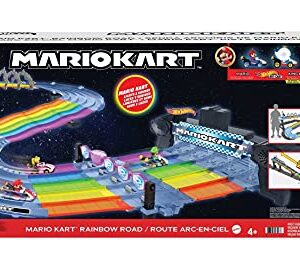 Hot Wheels Mario Kart Rainbow Road Raceway 8-Foot Track Set with Lights & Sounds & 2 1:64 Scale Vehicles, Race with 5-Track Colorful Course with 2 Configurations, Toy Gift for Kids