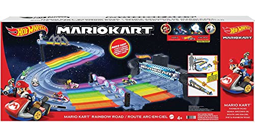 Hot Wheels Mario Kart Rainbow Road Raceway 8-Foot Track Set with Lights & Sounds & 2 1:64 Scale Vehicles, Race with 5-Track Colorful Course with 2 Configurations, Toy Gift for Kids