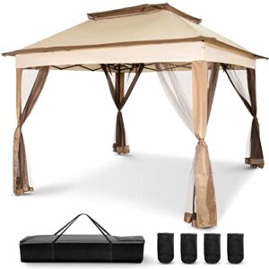 happybuy outdoor canopy gazebo tent, portable canopy shelter with 11'x11' large shade space for party, backyard, patio lawn and garden, 4 sandbags, carrying bag and netting included, brown