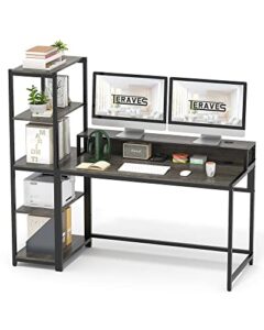 teraves computer desk with 5 tier shelves,reversible writing desk with storage 49 inch study table for home office independent bookcase and desk for multiple scenes (desk+shelves, boak)