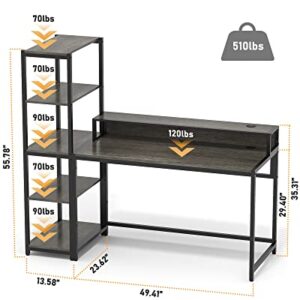 Teraves Computer Desk with 5 Tier Shelves,Reversible Writing Desk with Storage 49 Inch Study Table for Home Office Independent Bookcase and Desk for Multiple Scenes (Desk+Shelves, BOAK)