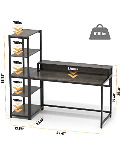 Teraves Computer Desk with 5 Tier Shelves,Reversible Writing Desk with Storage 49 Inch Study Table for Home Office Independent Bookcase and Desk for Multiple Scenes (Desk+Shelves, BOAK)