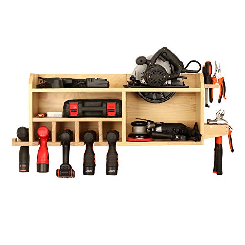 simesove Power Tool Organizer, Drill Charging Station,5 Drill Hanging Slots, Drill Holder Storage Wall Mount Shelf Rack, Cordless Drill Storage,Drill Organizer Wall Mount,Polished Wooden Toolbox for Saw,Father's Day Gift