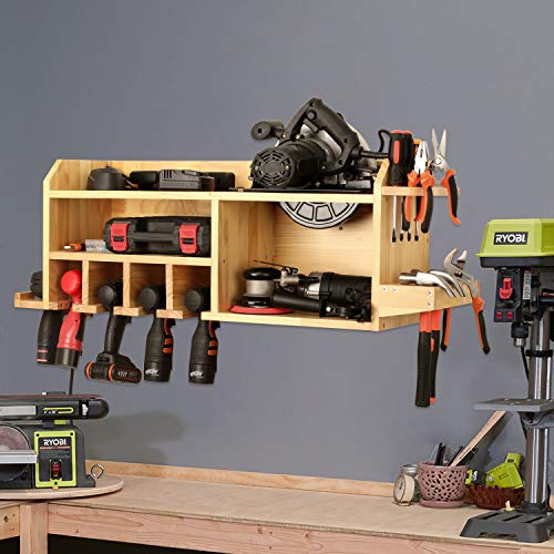 simesove Power Tool Organizer, Drill Charging Station,5 Drill Hanging Slots, Drill Holder Storage Wall Mount Shelf Rack, Cordless Drill Storage,Drill Organizer Wall Mount,Polished Wooden Toolbox for Saw,Father's Day Gift