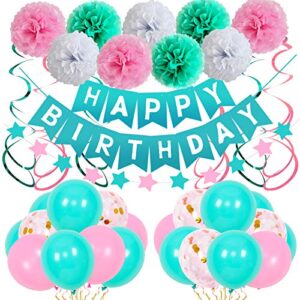 birthday decorations, birthday party supplies kit for girls women happy birthday banner pink teal latex balloons tissue paper pom pom star garland hanging swirls birthday decor for 13th 16th 18th 21st