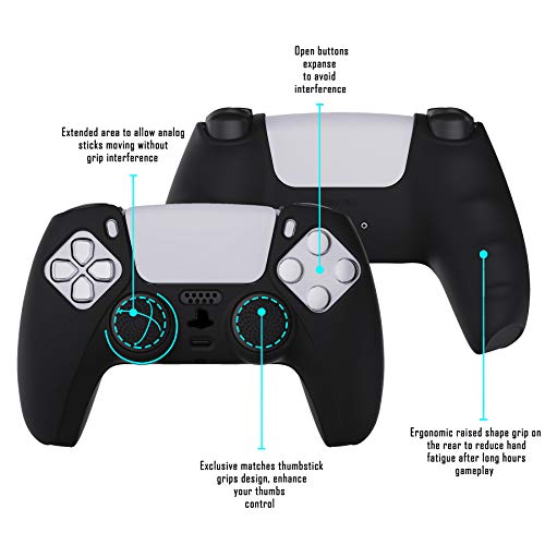 PlayVital Black Pure Series Anti-Slip Silicone Cover Skin for ps5 Controller, Soft Rubber Case for ps5 Wireless Controller with Black Thumb Grip Caps