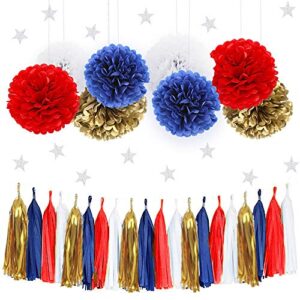 iguo 30pcs wonder woman decor navy blue red white gold tissue paper pom poms nautical party supplies twinkle stars paper garland for baby shower boy scout banquet birthday party decorations