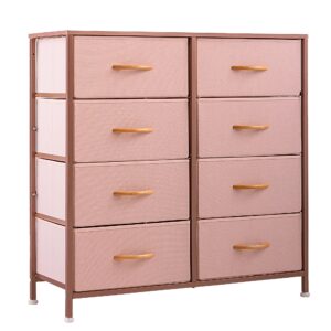 prime garden dresser with 8 drawers, storage tower with wood handle, wood top, sturdy steel frame, fabric organizer unit for bedroom, living room, hallway, entryway, closet, rose gold
