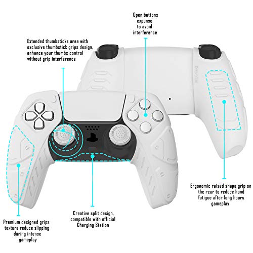 PlayVital Mecha Edition White Ergonomic Soft Controller Silicone Case Grips for PS5, Rubber Protector Skins with Thumbstick Caps for PS5 Controller - Compatible with Charging Station