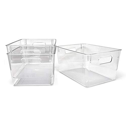 Isaac Jacobs 3-Pack Large Clear Storage Bins with Handles, Plastic Organizer for Home, Room, Office, Fridge, Kitchen/Pantry Non-Slip Container Set, Food Safe, BPA Free (3-Pack, Large)