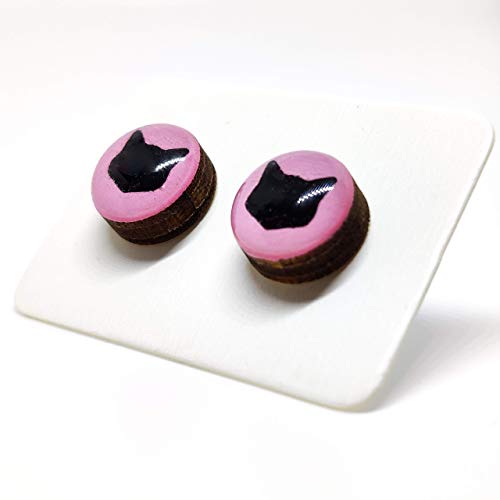 Stud Earrings, Light Pink Black Cat, 10 mm, Handmade, Stainless Steel Posts for Sensitive Ears