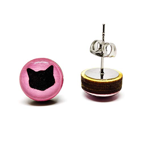 Stud Earrings, Light Pink Black Cat, 10 mm, Handmade, Stainless Steel Posts for Sensitive Ears