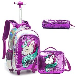 egchescebo school kids rolling backpack for girls and boys with wheels trolley wheeled backpacks for girls travel bags 3pcs girls and boys backpack with lunch box purple