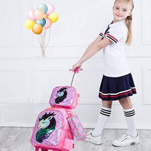 Egchescebo School Kids Rolling Backpack for Girls and Boys With Wheels Trolley Wheeled Backpacks for Girls Travel Bags 3PCS Girls and Boys Backpack With Lunch Box Rose Red