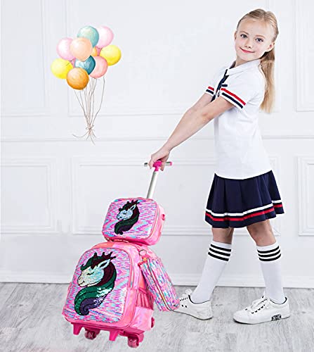 Egchescebo School Kids Rolling Backpack for Girls and Boys With Wheels Trolley Wheeled Backpacks for Girls Travel Bags 3PCS Girls and Boys Backpack With Lunch Box Rose Red