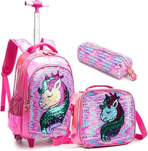 egchescebo school kids rolling backpack for girls and boys with wheels trolley wheeled backpacks for girls travel bags 3pcs girls and boys backpack with lunch box rose red