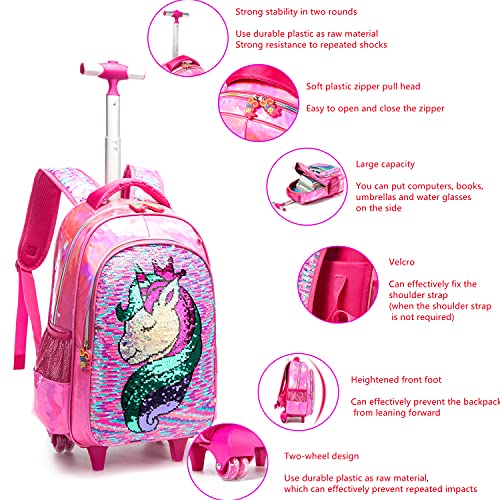 Egchescebo School Kids Rolling Backpack for Girls and Boys With Wheels Trolley Wheeled Backpacks for Girls Travel Bags 3PCS Girls and Boys Backpack With Lunch Box Rose Red