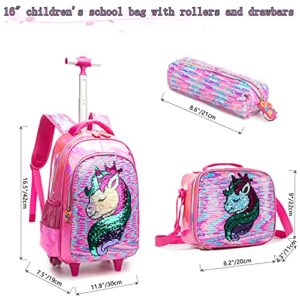 Egchescebo School Kids Rolling Backpack for Girls and Boys With Wheels Trolley Wheeled Backpacks for Girls Travel Bags 3PCS Girls and Boys Backpack With Lunch Box Rose Red