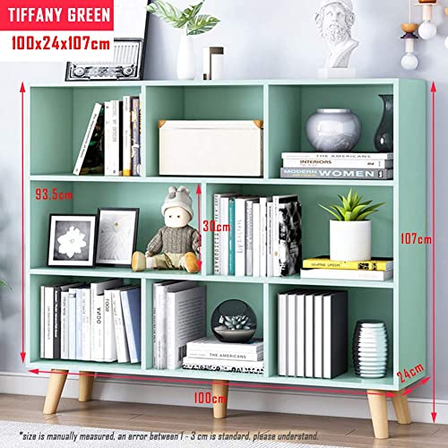 IOTXY Wooden Open Shelf Bookcase - 3-Tier Floor Standing Display Cabinet Rack with Legs, 8 Cubes Bookshelf, Tiffany-Green