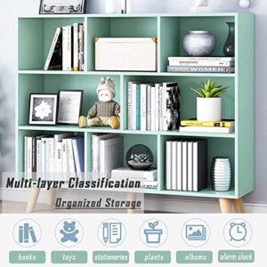 IOTXY Wooden Open Shelf Bookcase - 3-Tier Floor Standing Display Cabinet Rack with Legs, 8 Cubes Bookshelf, Tiffany-Green