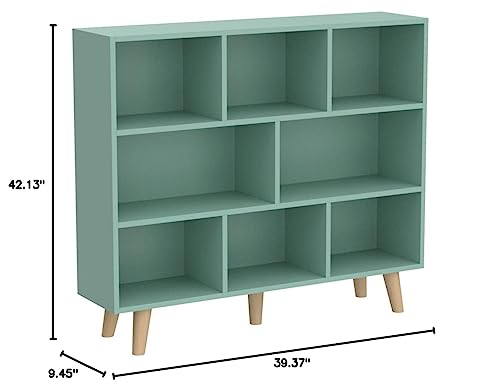 IOTXY Wooden Open Shelf Bookcase - 3-Tier Floor Standing Display Cabinet Rack with Legs, 8 Cubes Bookshelf, Tiffany-Green