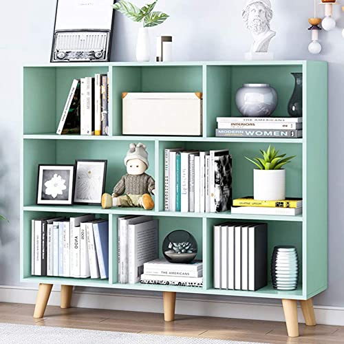 IOTXY Wooden Open Shelf Bookcase - 3-Tier Floor Standing Display Cabinet Rack with Legs, 8 Cubes Bookshelf, Tiffany-Green