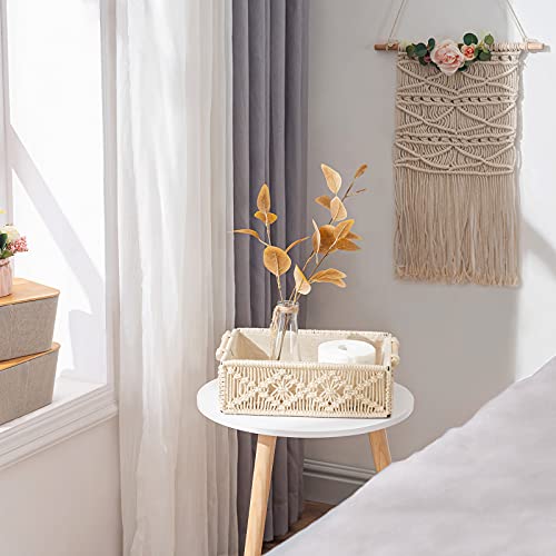 YOUDENOVA Macrame Storage Basket(Cream White, Set of 3), Decorative Hand Woven Boho Basket with Wooden Handles & Liner Cloth, Boho Bathroom Nursery Bedroom Living room Decor