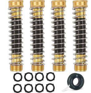 morvat brass coiled garden hose kink & strain protector, hose extension connector for outdoor water valve & faucet, adapter & attachment with ¾” standard threading, includes 8 washers & tape, 4 pack