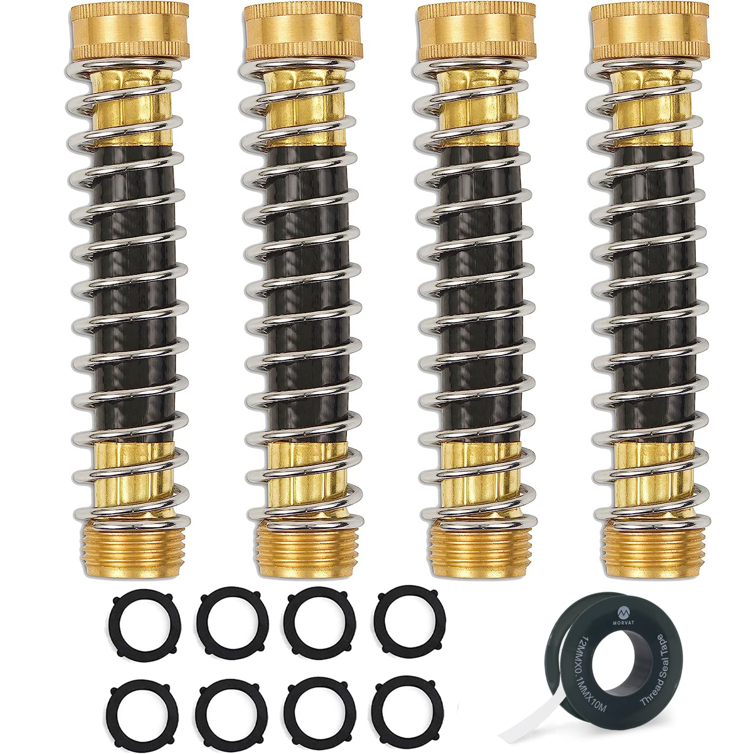 Morvat Brass Coiled Garden Hose Kink & Strain Protector, Hose Extension Connector for Outdoor Water Valve & Faucet, Adapter & Attachment with ¾” Standard Threading, Includes 8 Washers & Tape, 4 Pack